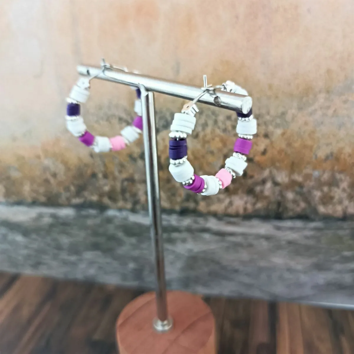 Anneaux Heishi rose/violet/blanc/argenté