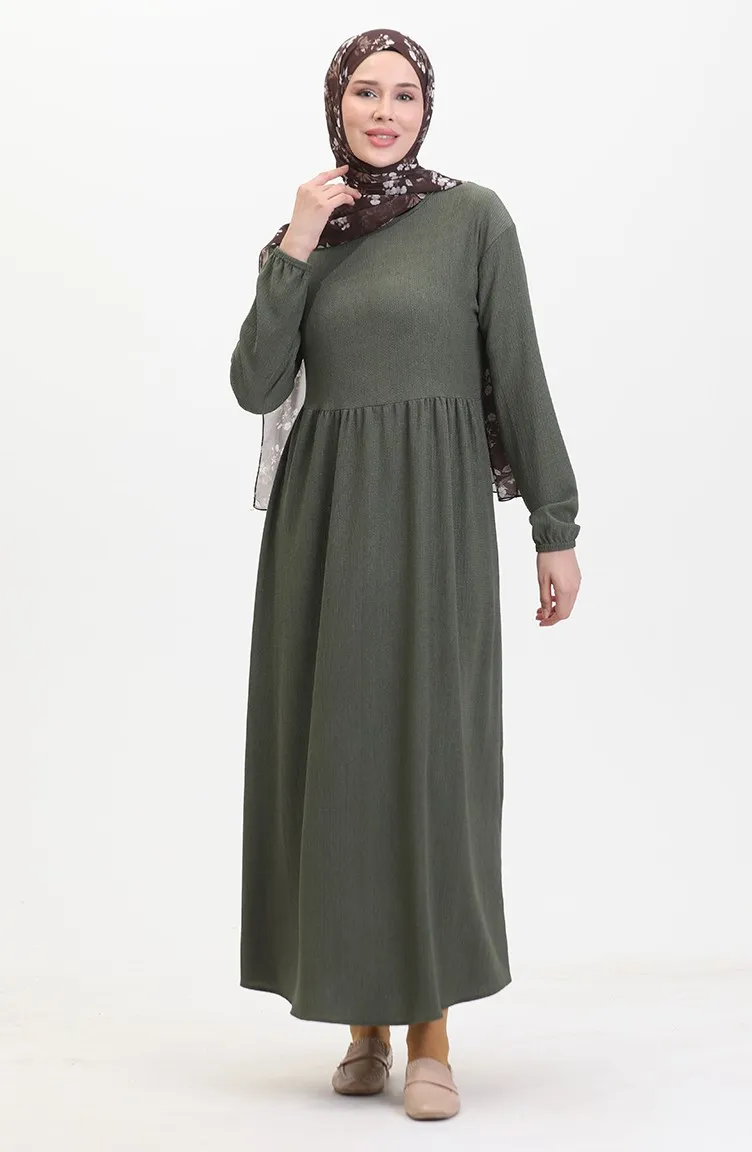 Bürümcük Robe Taille Froncée En Tissu 1016-04 Khaki 1016-04