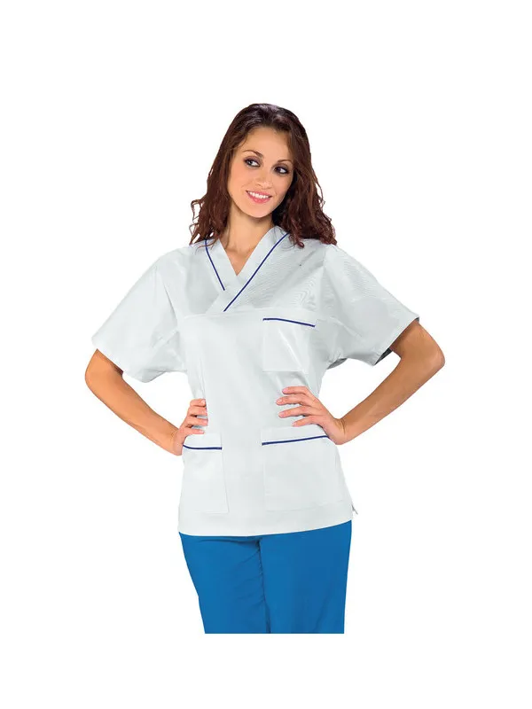 Casaque Médicale Col en V 100% Coton Unisexe Blanc profilo Bleu Cyan