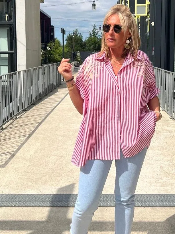Chemise rose rayé brodé palmier