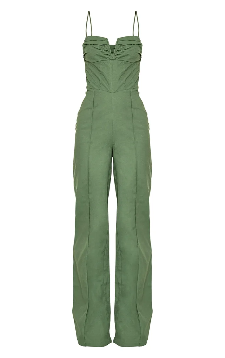 Combinaison large tissée kaki à corset et décolleté en V
