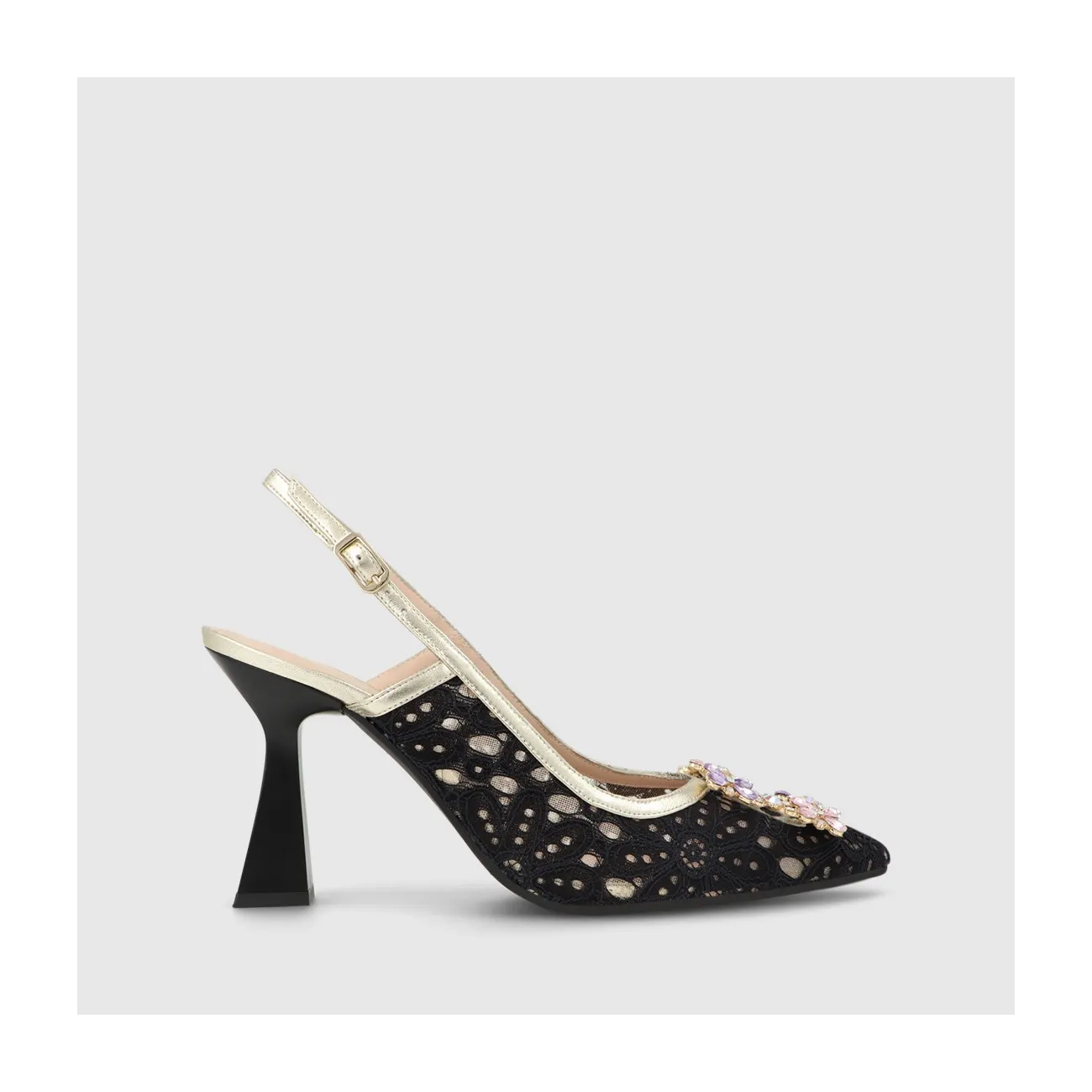 Escarpin slingback pour femme en tissu type dentelle noir.I LODI Chaussures pour femme online.
