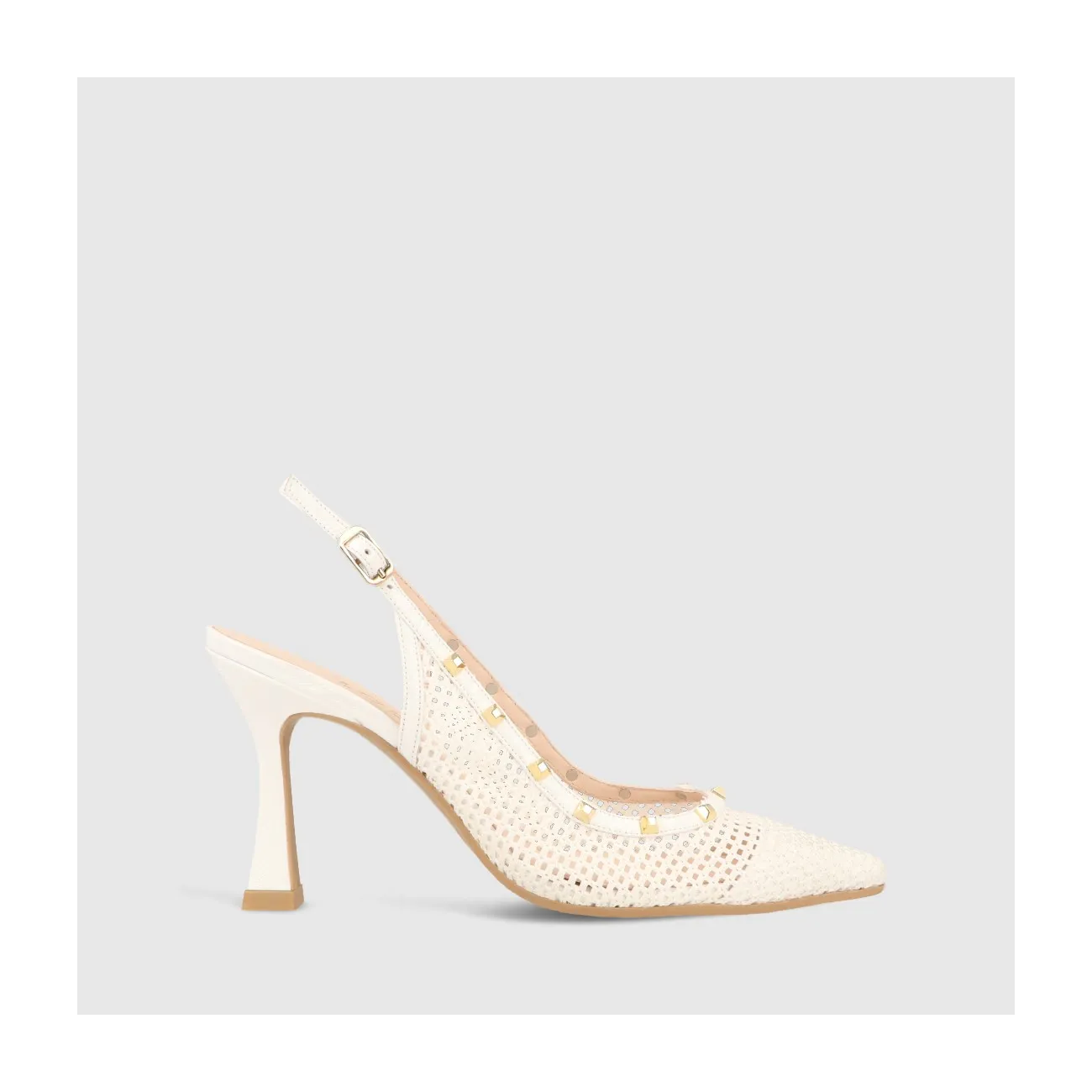 Escarpin talon ouvert Moet en tissu textile blanc avec résille et clous dorés sur de fines brides | LODI Chaussures pour femme e