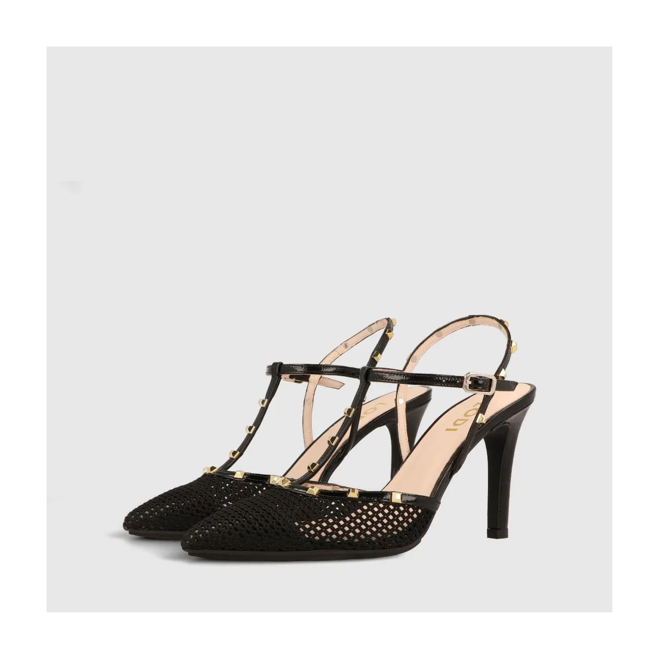 Escarpin talon ouvert Revino-go en tissu textile avec détail de résille sur le devant et brides en cuir verni noir avec clous do
