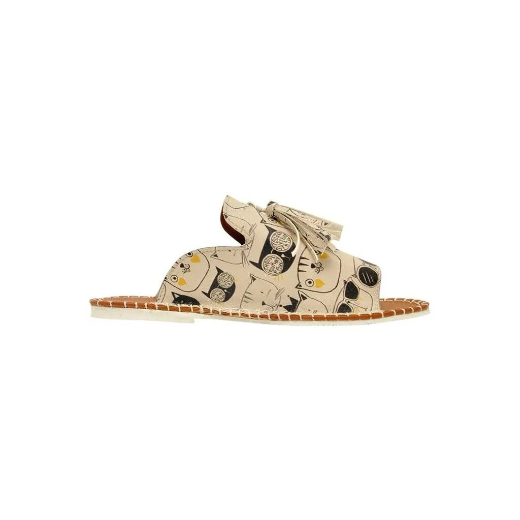 Femme Cuir Vegan Beige Sandales - Monochrome Cats Motif