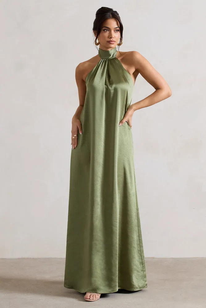Gloriana | Robe longue en satin couleur vert olive à encolure haute