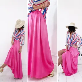 Jupe longue rose satinée