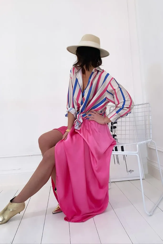 Jupe longue rose satinée