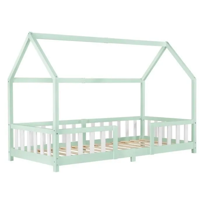 Lit d'Enfant Design Forme Maison Sisimiut Pin 200 x 90 cm Menthe Blanc Mat Laqué