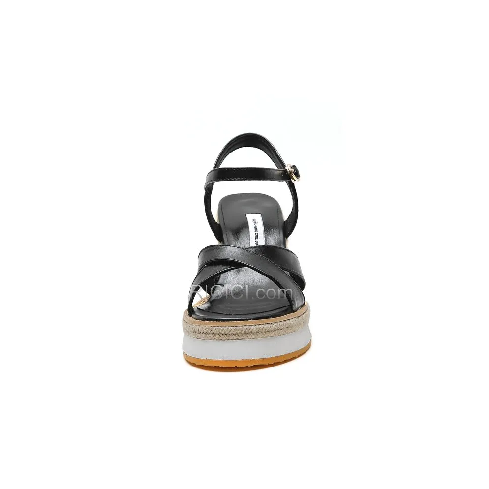 Plateforme Sandales Femme Talons Hauts Compensées Noir Cuir