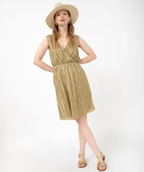 Robe courte sans manches en maille gaufrée scintillante femme bronze