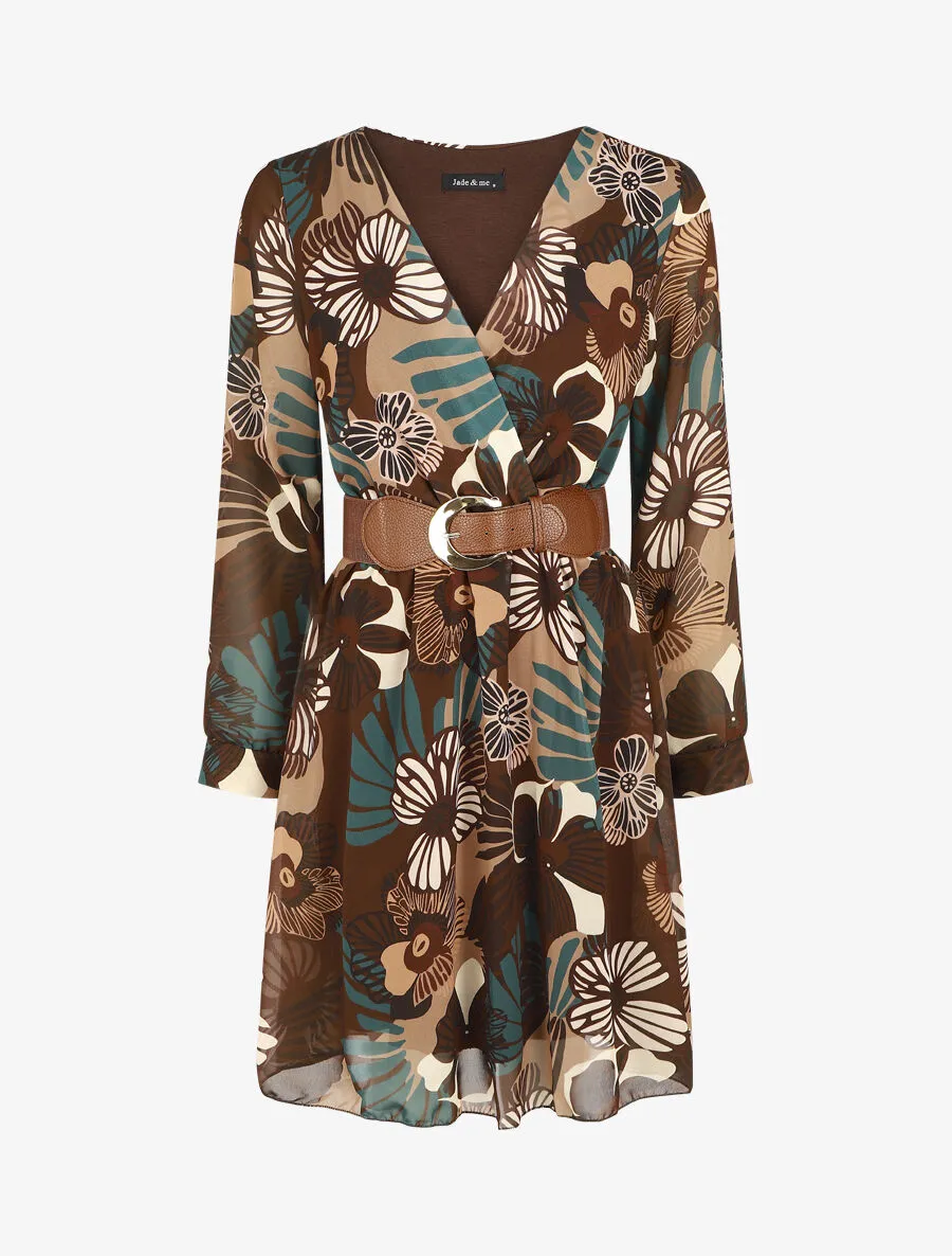 Robe élastiquée à imprimé fleuri - Marron