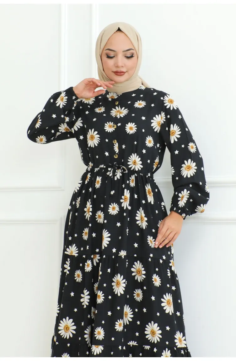 Robe Hijab à Motifs Marguerite 7118-01 Noir 7118-01