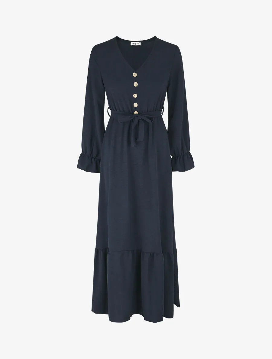 Robe longue uni à taille élastiquée - Marine