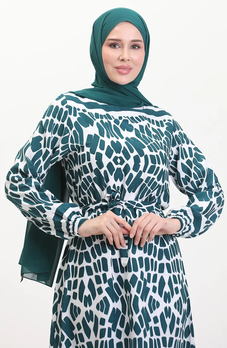Robe Viscose A Motifs Et Ceinturée 0473-01 Vert Emeraude 0473-01