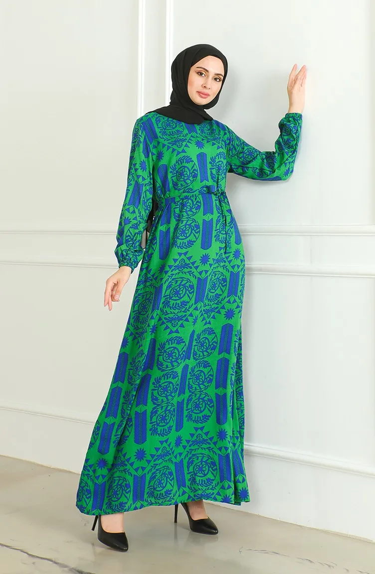 Robe Viscose A Motifs Et Ceinturée 0499-01 Vert 0499-01
