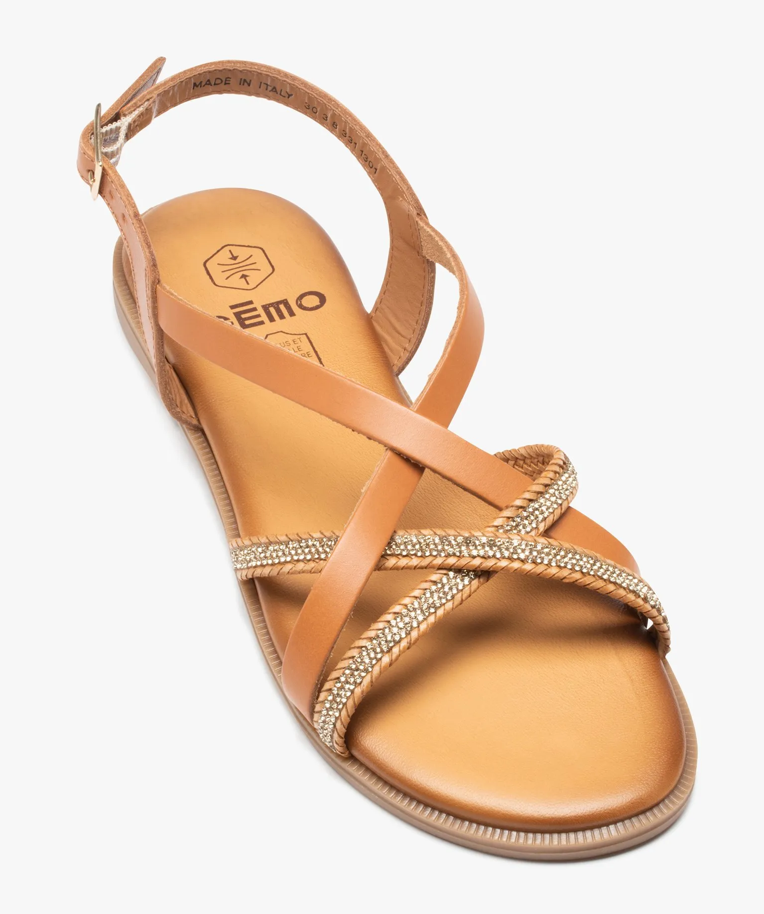 Sandales femme unies en cuir et à strass marron