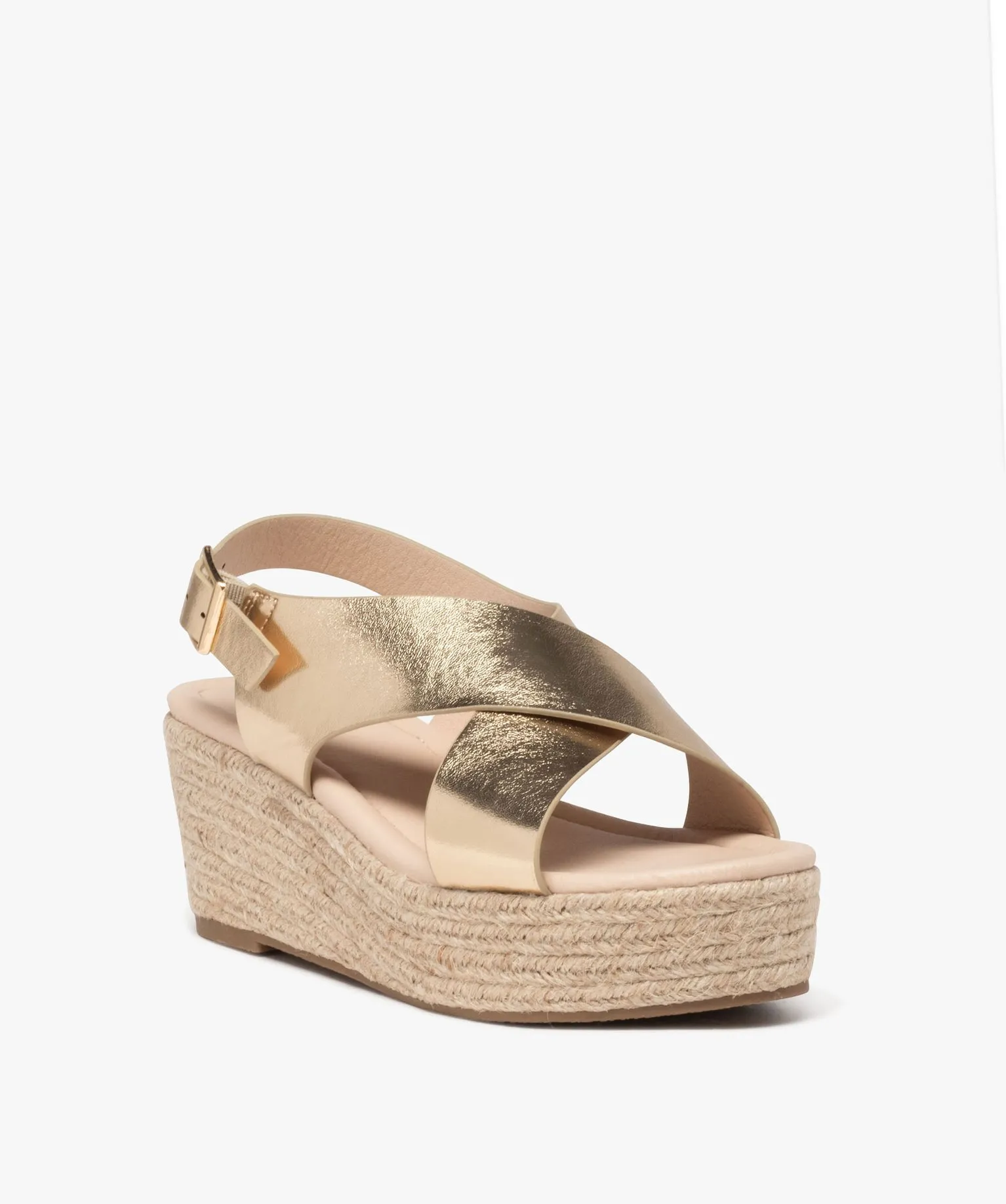 Sandales femme à talon compensé en corde et à larges brides métallisées dore
