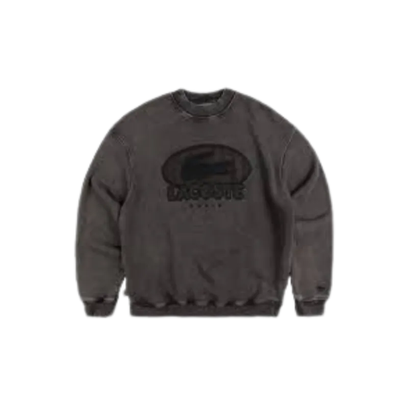 Sweat col rond coton noir délavé gros logo croco ton sur ton