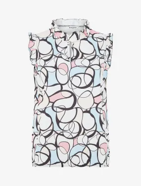 Top satiné sans manches motif abstrait et volants - Blanc