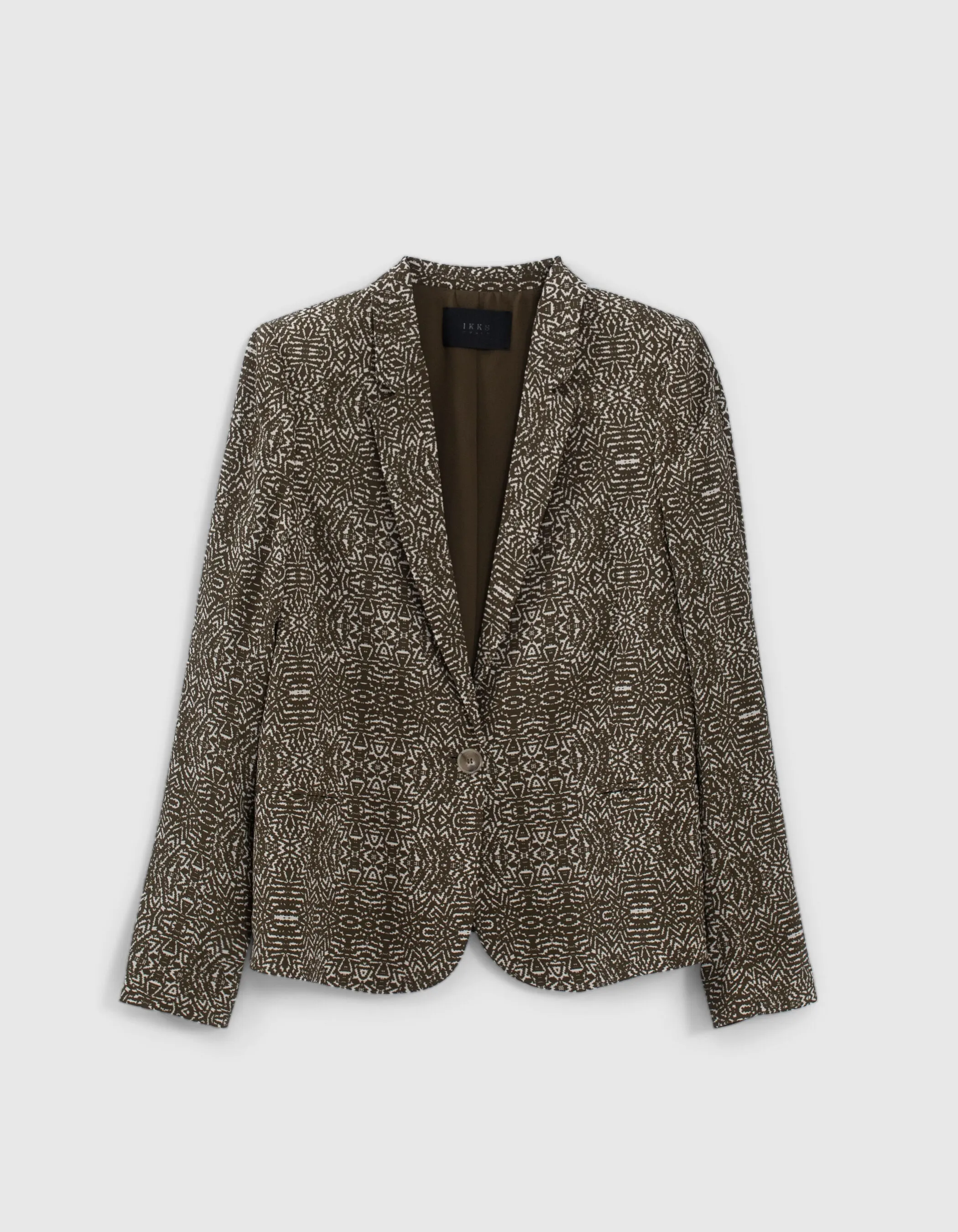 Veste courte de tailleur coloris kaki imprimé fantaisie femme